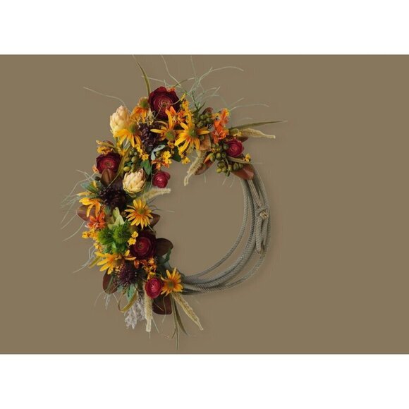 22 inch Summer Fall Harvest Rope Wreath With Faux Wild Flowers & Greenery For Ho - Picture 4 of 5
